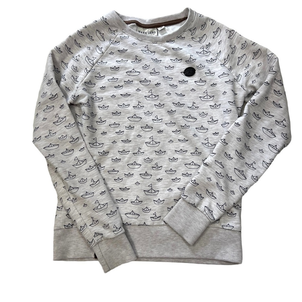 NAKETANO  Sweatshirt Women's Small Pullover Crew Neck Paper Boats Gray Badge